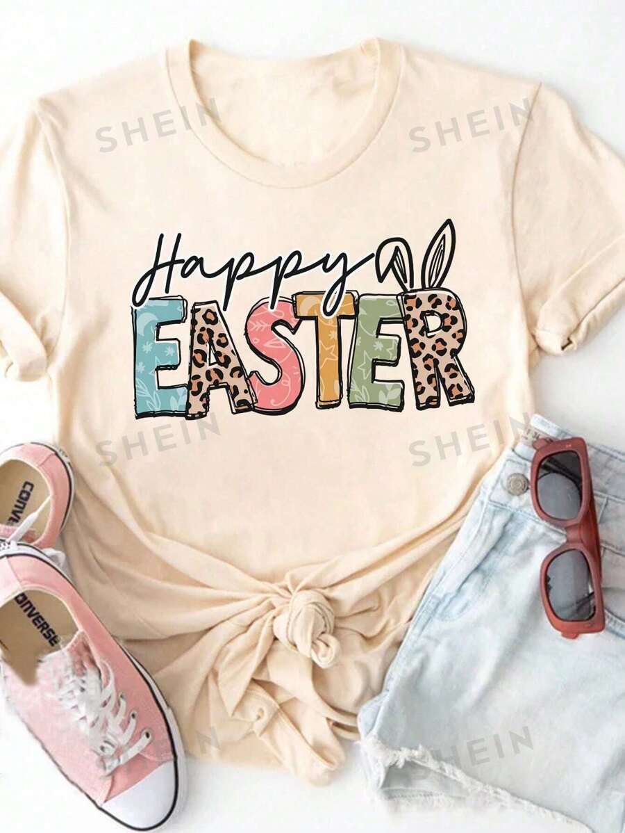 INAWLY Camiseta de manga corta y cuello redondo de talla grande para mujer con palabras de Pascua y estampado de conejito leopardo