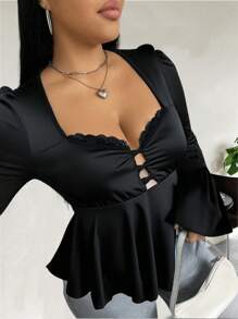 Flirla 大码性感 T 恤，带花卉蕾丝边和喇叭袖 女士优雅上衣 女士优雅上衣 女士黑色上衣 - 黑色 - 查看 5