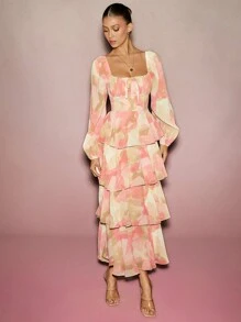 L'Amorae Elegant Floral Print Ruffle Hem Dress - Multicolor - View 4