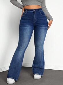 SHEIN ICON Plus Size Front Button Pocket Simple Flare Jeans, Casual Everyday Wear - Dark Wash - View 1