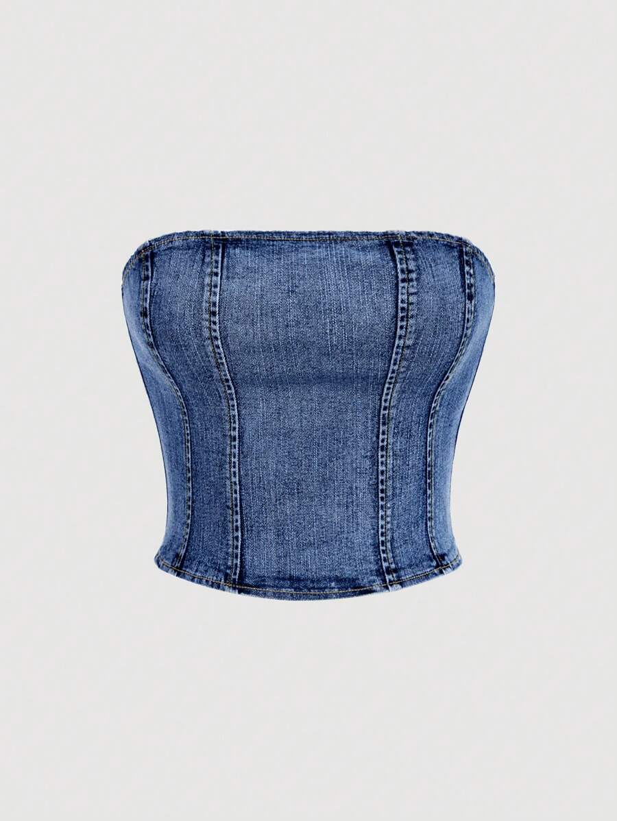 SHEIN MOD Women's Casual Denim Cropped Top, Minimalist & Chic For Everyday - Dark Wash - View 1