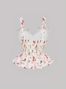 SHEIN MOD 大码浪漫花卉蝴蝶结细肩带鱼骨荷叶边下摆背心夏季