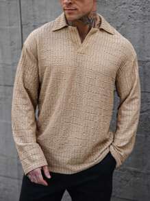 Manfinity Homme Men's Daily Casual Vacation INS Featuring A Khaki Plaid Textured Jacquard Design With A Chic V-Neck. This Includes A Long Sleeve Casual Polo Shirt, Combining Comfort And Style For A Relaxed Look. Fall And Winter Men - Coffee Brown - View 5