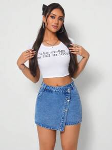 SHEIN Tall Women's Fashion Asymmetric Wrap Washed Denim Skort - Medium Wash - View 3