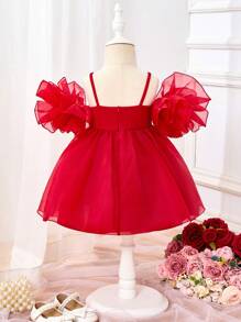SHEIN Fern Glow  Babygirl Lovely Summer Red Knitted Patchwork Organza Ruffle Trim Spaghetti Strap Party Dress