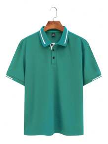 Manfinity Homme Contrast Trim Front Button Casual Short Sleeve Polo Shirt - Green - View 5