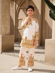 2pcs/Set Tween Boys Stand Collar Long Sleeve Printed Top & Pants Set - White - View 5