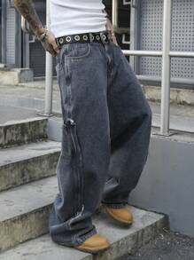 Manfinity EMRG Men's Blue-Gray Washed Denim Baggy Street Utility Pants, StreetEZ - Dusty Blue - View 7