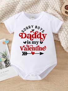 Baby Girls Casual Heart Graphic Letter Printed Short Sleeve Bodysuit Outfit For Valentine - White - View 3