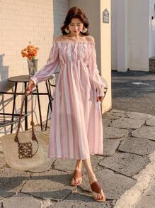 DAZY 1pc Women's Floral Print Off Shoulder Tie-Up Slit Midi Dress,Fall Dress Long Sleeve Dress - Pink - View 5