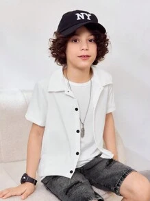 SHEIN 男童白色字母印花休闲短袖衬衫 - 白色 - 查看 3