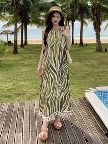 DAZY Vacation Style Beach Tied String Tunic Dress, Women's Mid-Length Ditsy Floral Bohemian Geometric Striped Summer Dress Cruise Women Outfits - Green - View 9