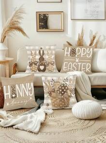 4pcs Easter Bunny & Egg Pattern Throw Pillow Covers, 17.7x17.7 Inch, Modern Style, Machine Washable Zipper Closure, Woven Polyester Fabric, Suitable For Living Room, Sofa, Bedroom Decor - Pillow Inserts Not Included - Multicolor - View 4