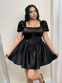 SHEIN ICON Vestido evasé con mangas abullonadas y cintura anudada, talla grande, en negro, para la temporada de bodas, vestido de primavera