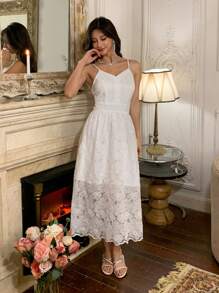 DAZY Váy midi ren mỏng jacquard dây mảnh cho tiệc tùng, hẹn hò, dịp đặc biệt, váy dạ hội, váy suông trang trọng cho nữ - Màu be - Xem 2