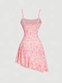 SHEIN MOD Vestido corto vintage con estampado floral en rosa oliva y verde, estilo retro de los 70s