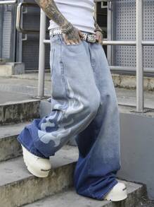 PAVTROS 男式复古浅蓝色破洞牛仔宽松阔腿裤，配涂鸦扎染效果图案 - 淺色水洗藍 - 查看 4