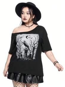 ROMWE Goth Plus Size One Shoulder Drop Sleeve T-Shirt With Vintage Cross, Raven, Tombstone, Moon And Plant Print, Horror Mysterious Distressed Print, Suitable For Spring Break Concert, Rave Outfits, Festival, Plus Size