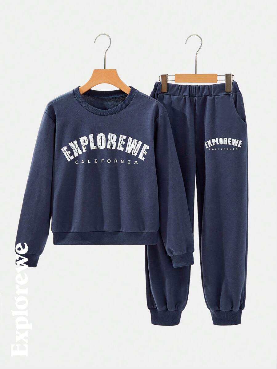 SHEIN 2pcs/Set Tween Girls Casual Round Neck Sweatshirt And Sweatpants Outfit, For Outdoor Wear In Spring And Autumn