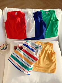 SHEIN 6pcs/Set Baby Boys' Casual, Versatile Knitted Colorful Striped & Solid Tank Tops, Summer All-Match Essentials