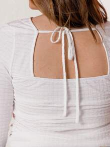 Aralina Plus Size Curve Women Backless Textured White Long Sleeve Top - Coffee Brown - View 3