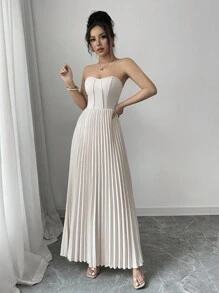 Gloray Women's Elegant Pleated Strapless Slim Fit Midi Dress - Apricot - View 5