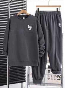 SHEIN Leap Crew 2pcs/Set Teen Boys Casual Letter & English Print Crew Neck Split Patchwork Hoodie And Drawstring Sweatpants Set, Thermal-Lined, Suitable For School Season, Autumn/Winter - Dark Grey - View 7