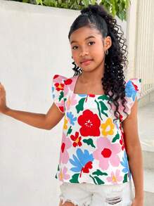 SHEIN Leap Crew 青少年女孩度假休闲时尚碎花圆领盖袖衬衫