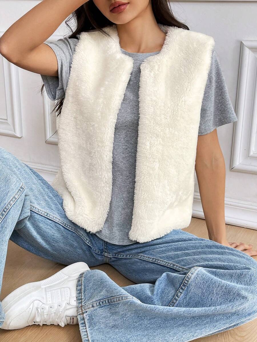 SHEIN EZwear Cream Faux Fur Vest For Women, Cozy Sleeveless Cardigan, Furry Top, Winter Vest Shirt - White - View 1