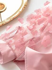 SHEIN Clasi 大码女式蕾丝拼布长袖休闲上衣，纯色 - 粉色 - 查看 3