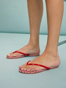 SHUZIA Sandalias planas de tanga con estampado a cuadros para mujer, para el verano
