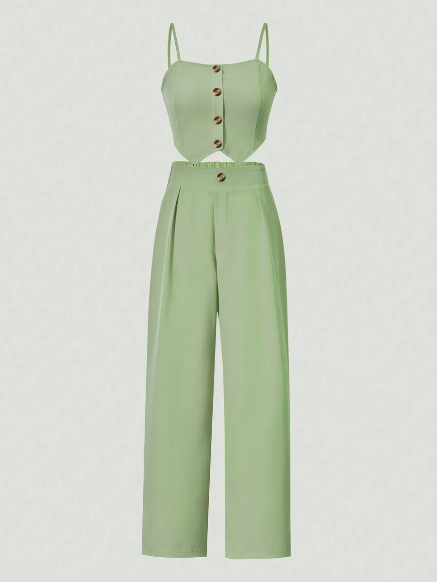 SHEIN 2pcs Teen Girl Simple Solid Color Camisole Top And Trousers Set, Casual Everyday Fashion - Green - View 1