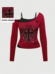 ROMWE Grunge Punk Plus Size Women Cross Print Embellished Splicing Long Sleeve Tight Fit T-Shirt, Punk Style