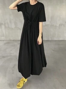 FRIFUL 女式黑色长款泡泡裙，休闲户外夏季太阳裙 - 黑色 - 查看 3