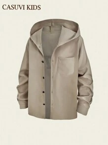 SHEIN 1 件男童复古美式学院风中长款连帽衬衫，休闲百搭新品