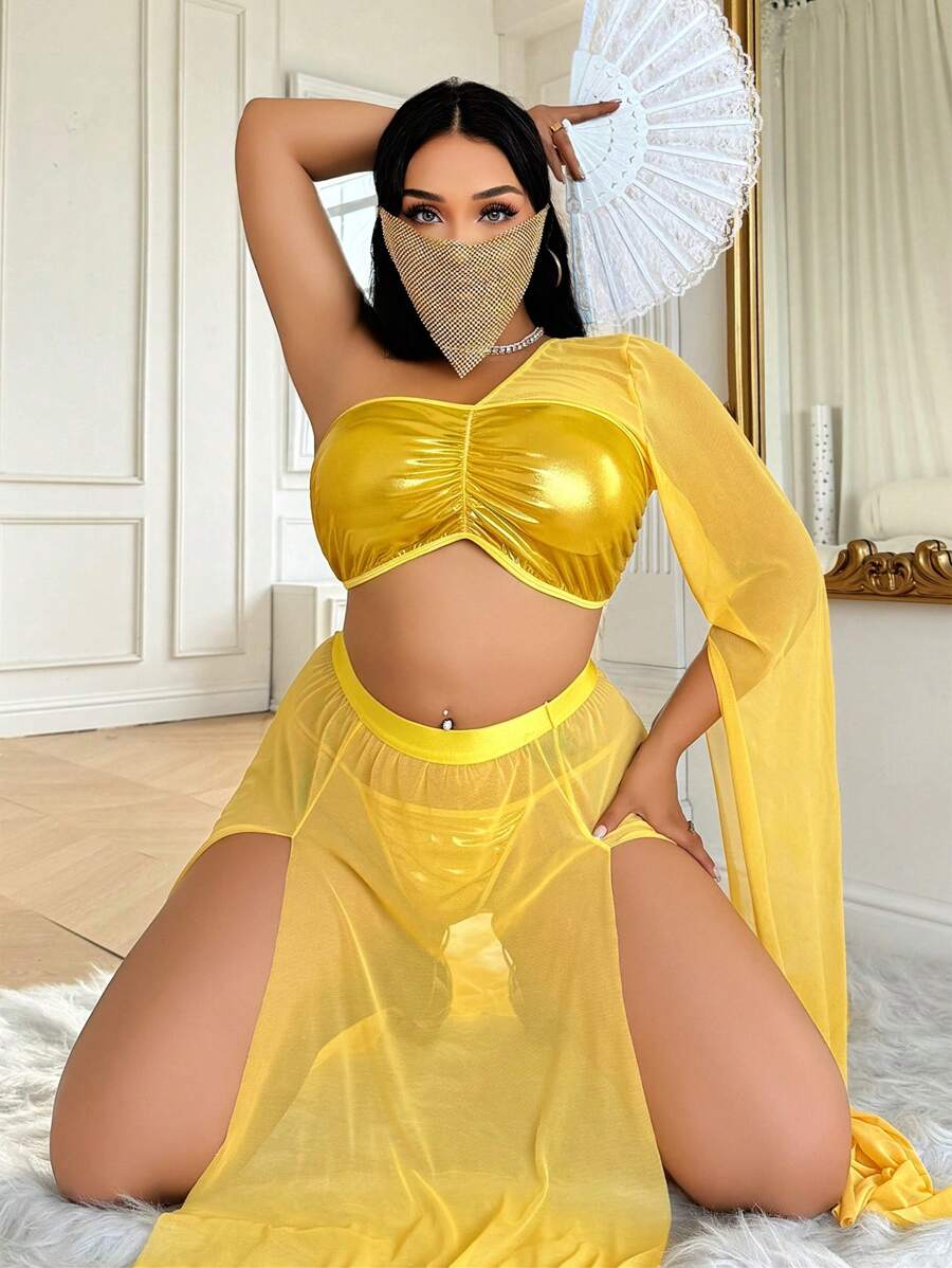 3pcs Egyptian Goddess Cosplay Shiny PU Patchwork Sheer Net Panel High Slit Plus Size Sexy Costume - Gold - View 1