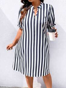 INAWLY Women Striped V-Neck Short Sleeve Straight Short Dress - Multicolor - View 1