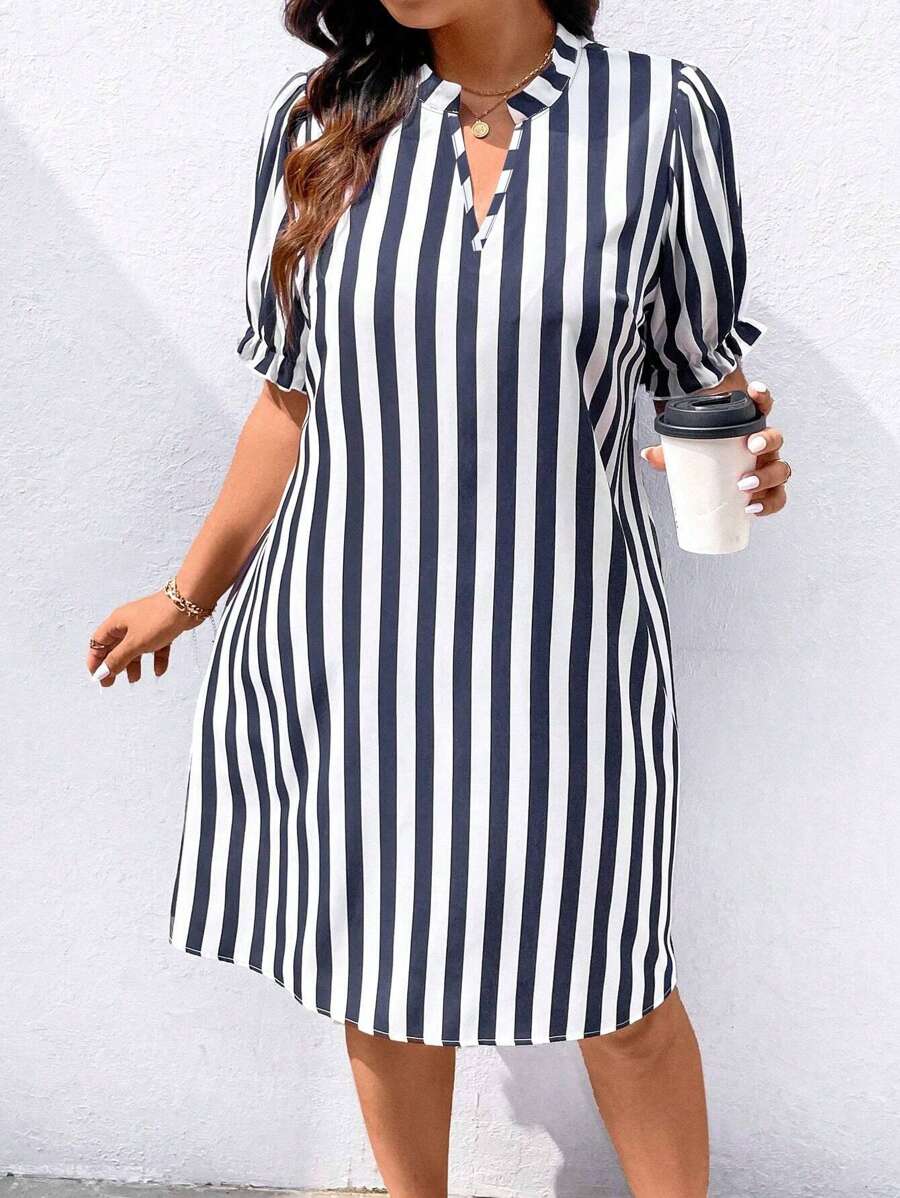 INAWLY Women Striped V-Neck Short Sleeve Straight Short Dress - Multicolor - View 1