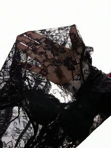 ROMWE Goth 深色情人节蝴蝶结透明渔网蕾丝上衣 - 黑色 - 查看 7