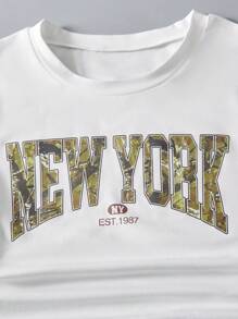 Tween Girls Streetwear NYC 字母印花圆领收腰短款 T 恤 + 迷彩工装裤 2 件套 - 彩色 - 查看 6
