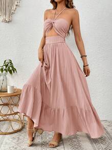 SHEIN VCAY Women's Solid Color Hollow Out Waist & Halter Neck Vacation Dress