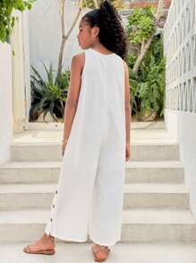 SHEIN Tween Girls Vacation Casual Chic Street Style Solid Color Jumpsuit - White - View 2