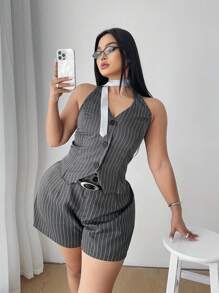 Flirla Conjunto casual de 2 piezas de top halter de un botón a rayas y shorts para mujer talla grande - Multicolor - Ver 1