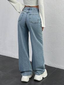 EURMUSE HIGH RISE STRAIGHT LIGHT WASH JEAN WITH EMBROIDERY DETAIL - Light Wash - View 2