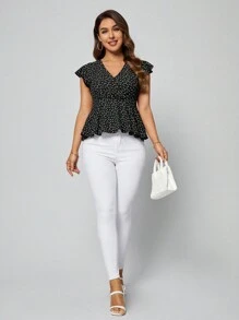 SHEIN Clasi 女士心形与波尔卡圆点印花 V 领盖袖 T 恤