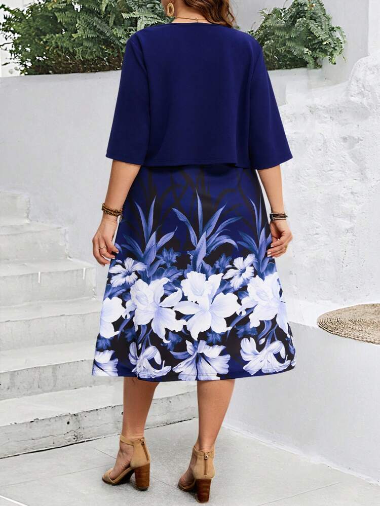 2 Pieces Set Women Plus Size 3/4 Sleeve Jacket And Floral Print Purple Dress Women Set, Spring And Summer Outfits For Women, Vacation Outfits Woman