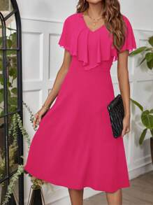 Ellevyn Ladies' Mid-Length Pink Dress With Ruffle Hemline, Valentine's Day Outfit - Hot Pink - View 6