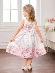 SHEIN 年轻女孩夏季优雅可爱花卉印花无袖连衣裙 - 白色 - 查看 1