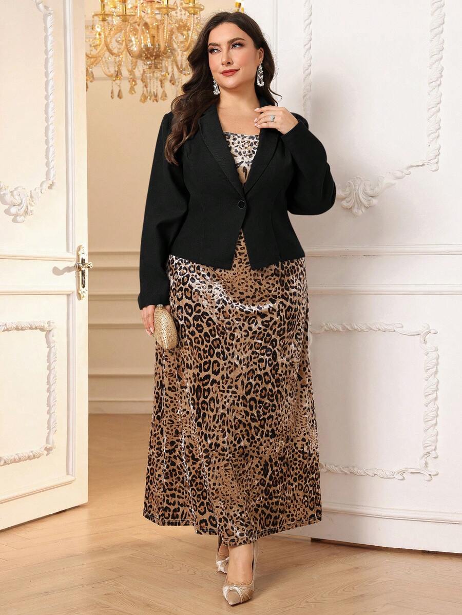 Modelyn 大码纯色前排纽扣长袖上衣和套头连衣裙 2 件套