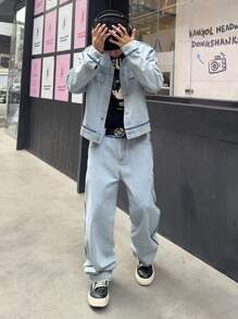 Manfinity EMRG Men's Casual Distressed Contrast Trim Denim Jacket And Pants Suit Set - Blue - View 7